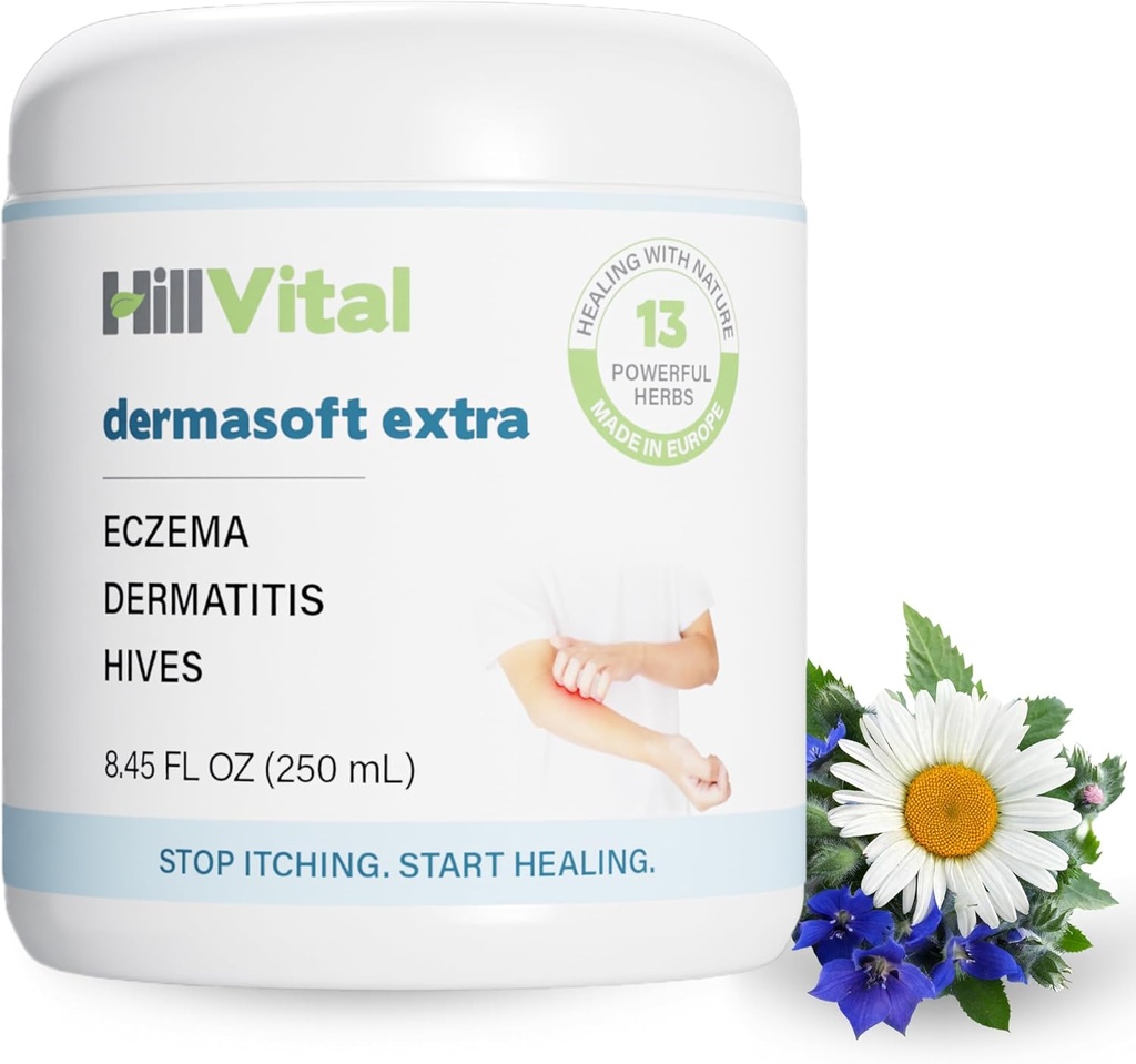 HillVital Eksem Cream til børn - Hydrating Moisturizer til voksne, Herbal Baby Eksem Relief, Itch Relief Hives Treatment, Anti-Itch Lotion og Seborrheic Dermatitis Balm 8.5 fl oz