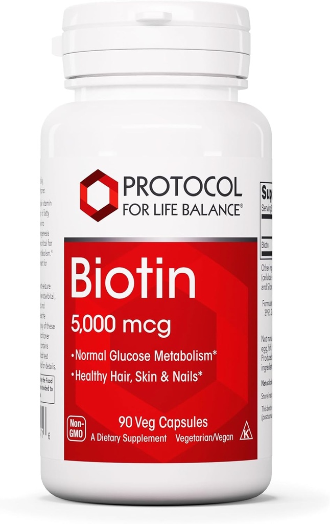 PROTOKOL FOR LIV BALANCE Biotin 5,000mcg - vitamin B7 supplement - hår, hud, negle støtte - til Carb Metabolisme & cellevækst - biotin vitamin B kapsler - 90 Veg Caps