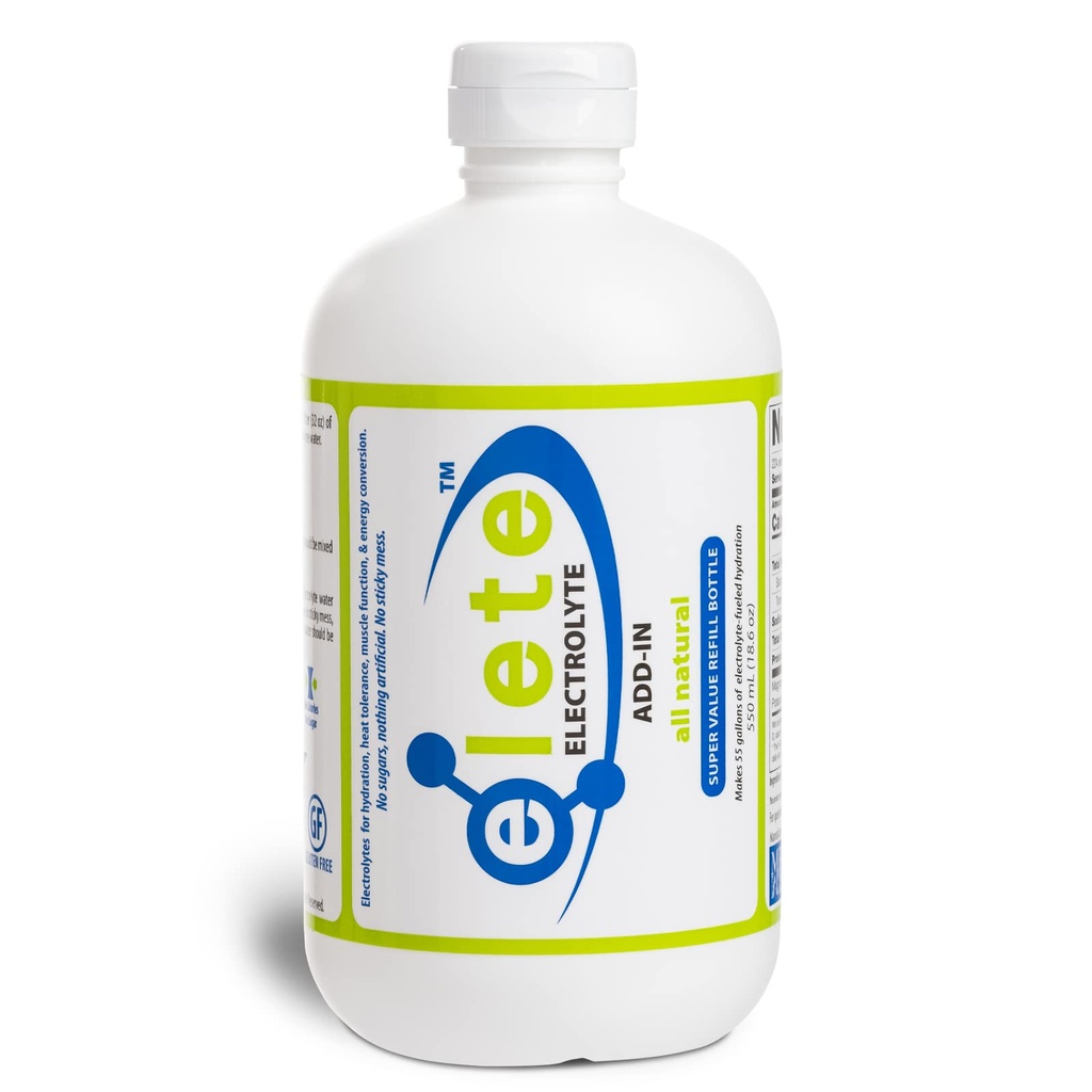 elete Electrolyte Add- in Hydration Drops • 124; Natrium, Magnesium, Kalium & Trace Minerals • 124; Uden smag, Alle naturlige • 124; Ben og Muscle Cramp Relief • 124; Transform enhver drik i en sportsdrik, 18.6oz