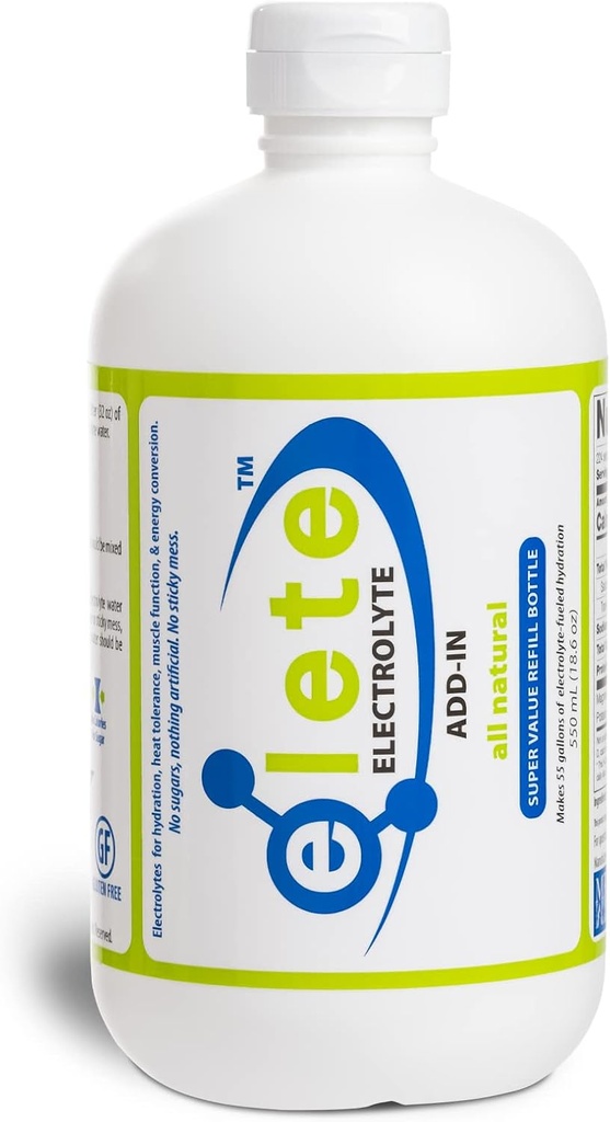 elete Electrolyte Add- in Hydration Drops • 124; Natrium, Magnesium, Kalium & Trace Minerals • 124; Uden smag, Alle naturlige • 124; Ben og Muscle Cramp Relief • 124; Transform enhver drik i en sportsdrik, 18.6oz