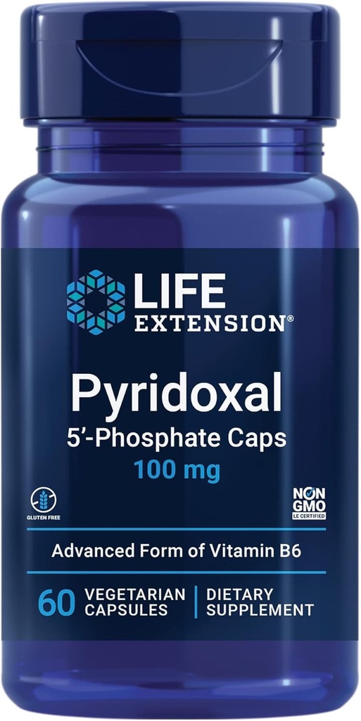 Life Extension Pyridoxal 5 '-fosfatkapsler - Vitamin B6, 100 mg, Bioactive B6 for cardiovaskulær, Nyre & Nerve Sundhed - Glutenfri, Non- GMO, Vegetar - 60 Vegetarkapsler