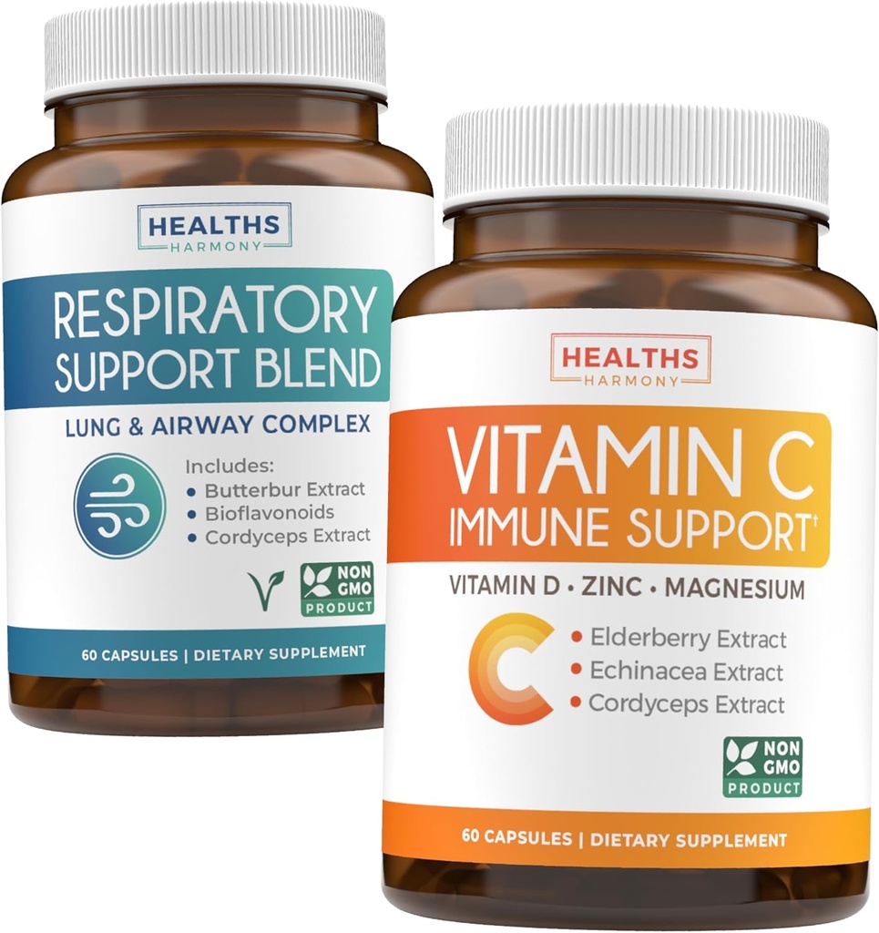 Luftveje & C-vitamin (1-måned Tilgang) Åndedrætsværn - Respiratorisk støtte Dybe Lung Rengøring for luftvejssundhed (60 Caps) & C-vitamin Immunstøtte Supplement - Immunitet Boost Blend (60 Caps)