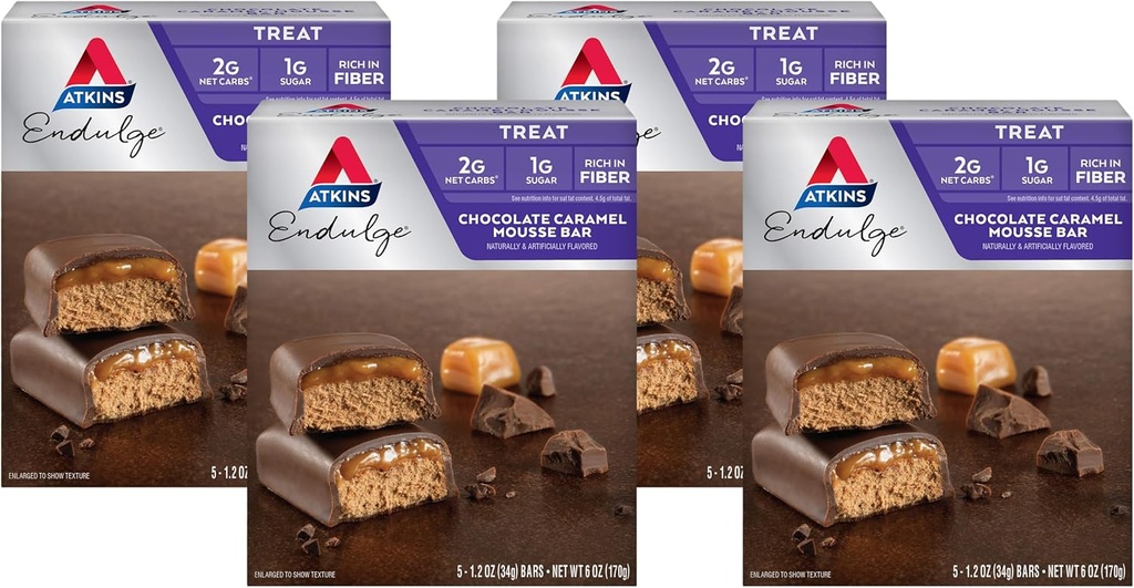 Atkins Endulge Chocolate Caramel Mousse Bar, Dessert Favorite, 1g Sugar, High in Fiber, 5 Greve (pakke med 4)