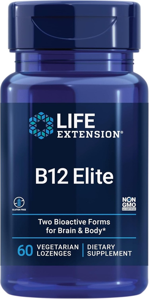 Life Extension B12 Elite, adenosylcobalamin, methylcobalamin, To Aktive Former for Hjerne Sundhed & Dopamin Produktion, Non- GMO, Gluten- Free, Vegetar, 60 Lozenges