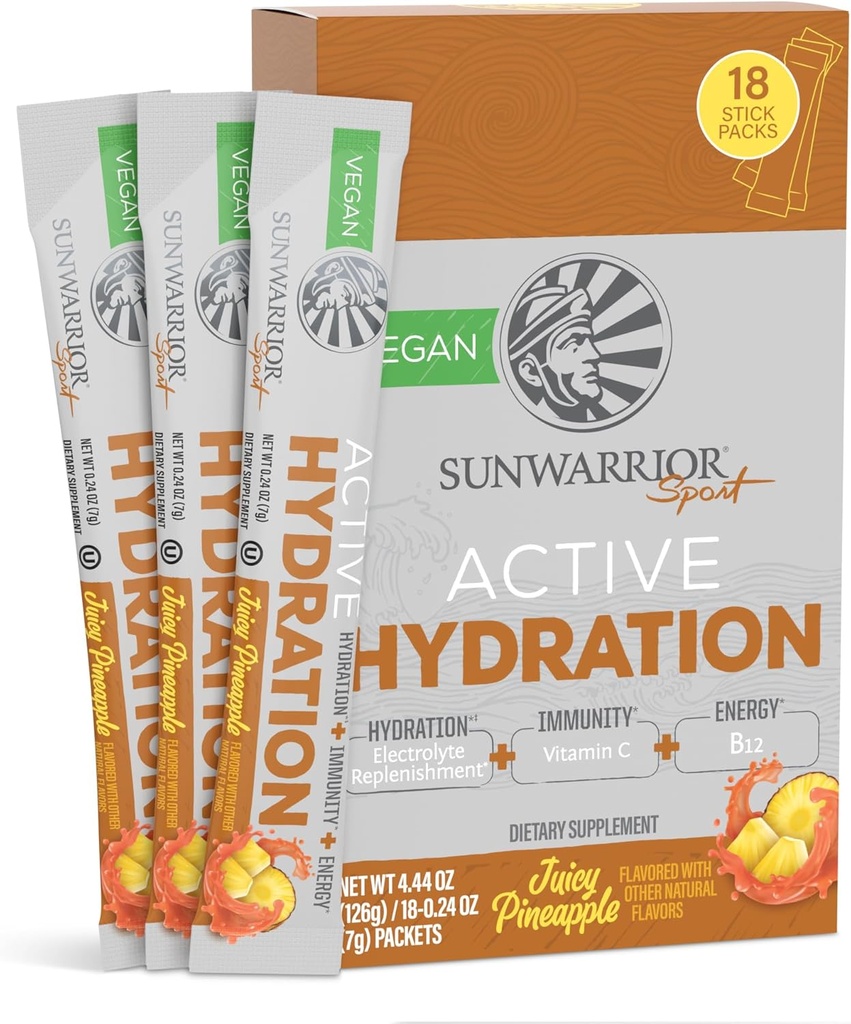 Sunwarrior Hydration Powder Electrolyte Packets Powder B12 Elderberry | Juicy Pineapple Flavored 18 Stick Packs 126g Pouch | Vegan and Plant-Based Sugar Free