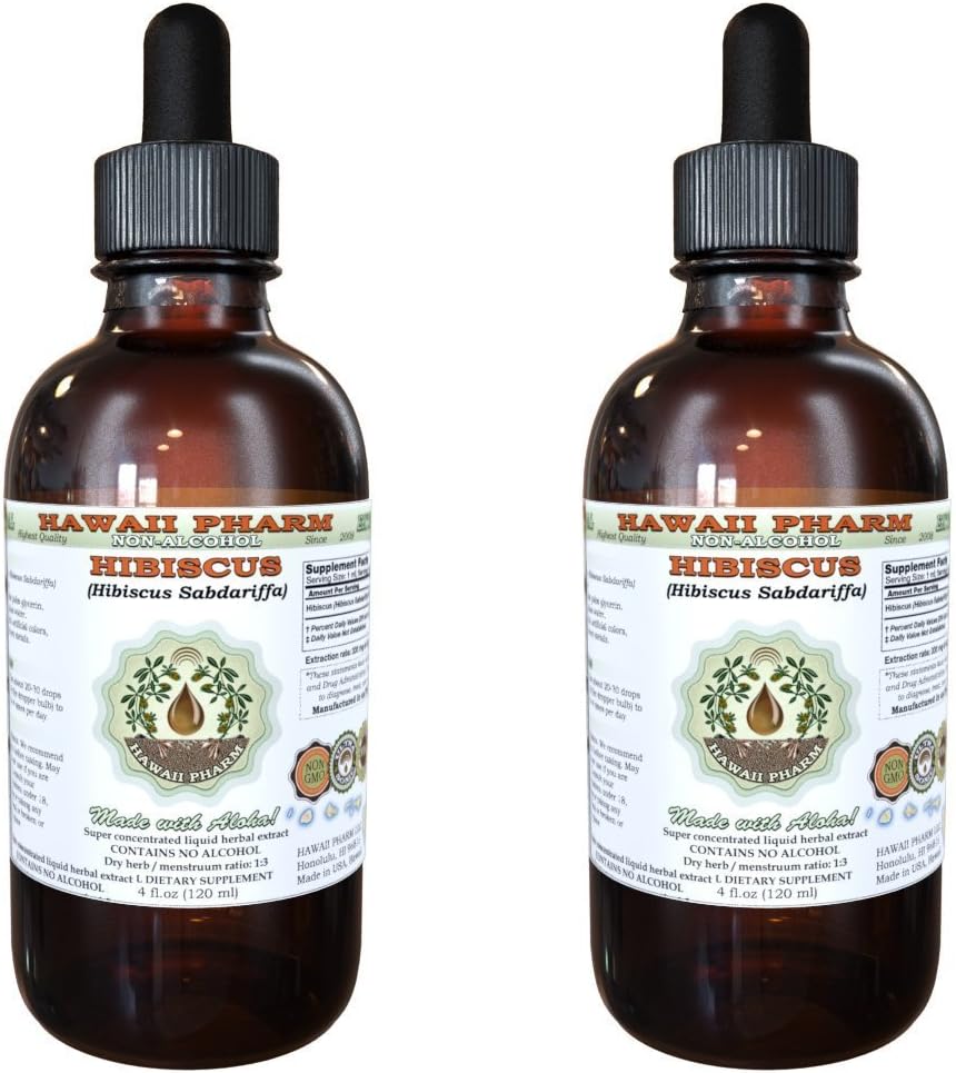 Hibiscus Alkohol- Free Liquid Extract, Organic Hibiscus (Hibiscus Sabdariffa) Tørret blomst Glycerit Hawaii Pharm Natural Herbal Supplement 2x4 oz