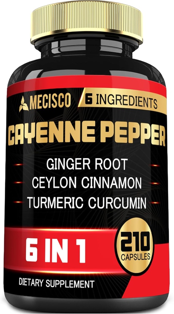 6in1 Cayenne Pepper Uddrag Kapsler med Økologisk Gurkemeje Curcumin Root, Sort Pepper, og mere - Support Fordøjelsessystem, Heart Health, Immunitet funktion - 210 Kapsler