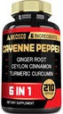 6in1 Cayenne Pepper Uddrag Kapsler med Økologisk Gurkemeje Curcumin Root, Sort Pepper, og mere - Support Fordøjelsessystem, Heart Health, Immunitet funktion - 210 Kapsler
