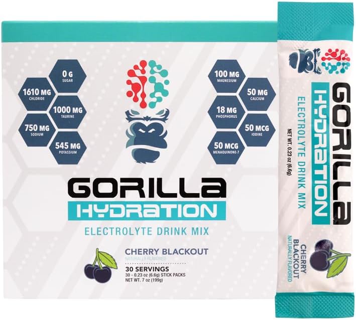 Gorilla Mind Hydration Pakker - 3,073mg Elektrolyter On Go Praktisk drik mix til omfattende genopfyldning - Zero Sugar, naturligt sødet & fastende venligt - 30 Greve (Cherry Blackout)