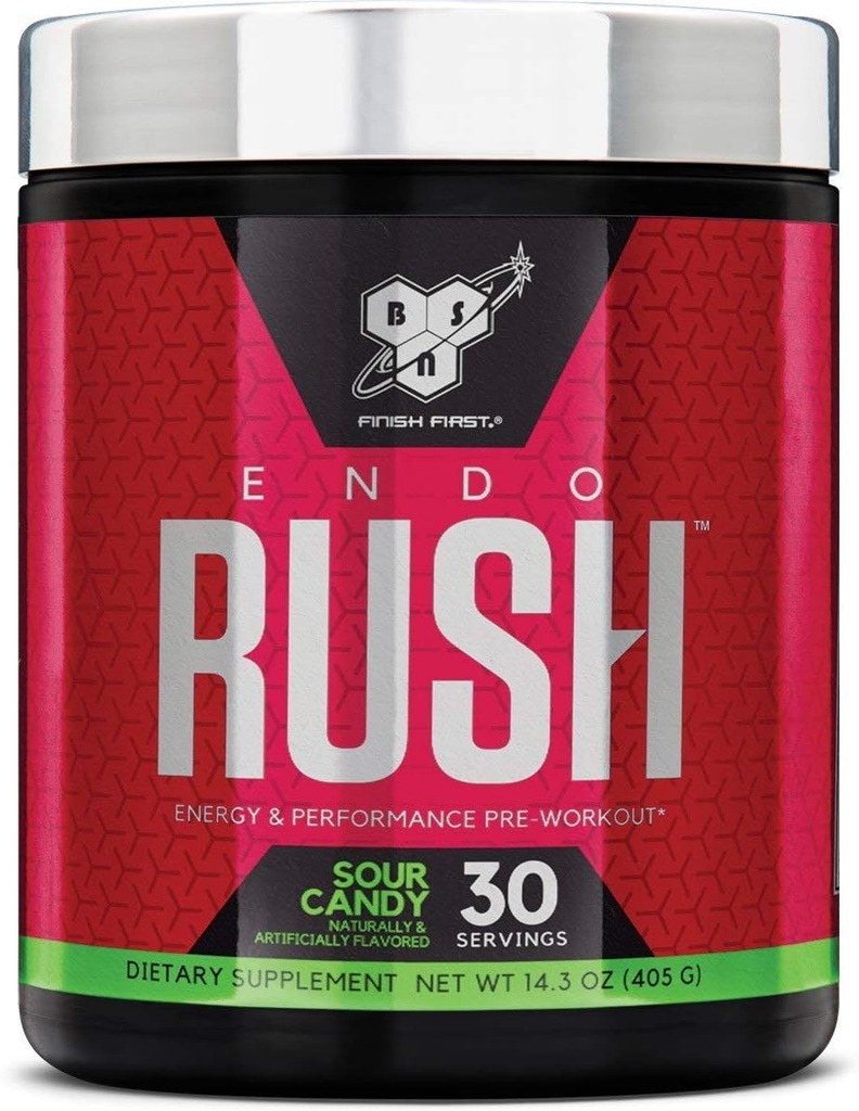 BSN Endorush Pre Workout Powder, Energy Supplement for Men and Women, 300mg of Caffeine, with Beta-Alanine and Creatine, Sour Candy, 30 Servings , 14.3 Ounce (Pack of 1)