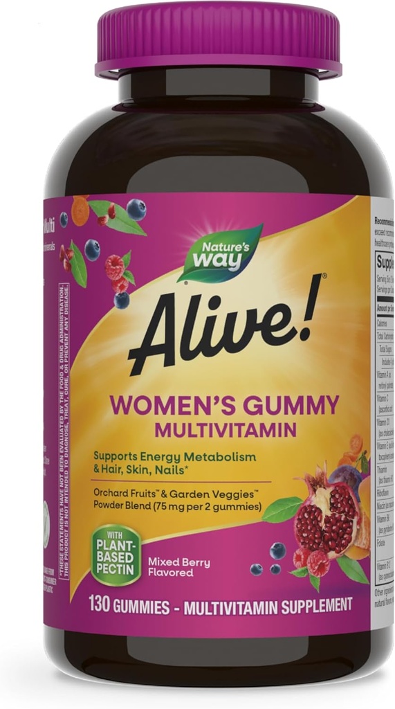 Nature's Way Alive! Women's Daily Gummy Multivitamins, 16 Vitamins & Minerals, Energy Metabolism*, Hair Skin & Nails*, Vegetarian, Mixed Berry Flavored, 130 Gummies (Packaging May Vary)
