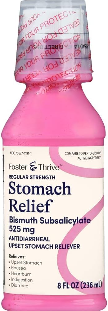 Foster & Thrive Mavesmerter Relief Væske til kvalme, Heartburn, fordøjelsesbesvær, Opsat Mavesmerter, og Diarré - Hurtig Relief for 5 symptomer, Antidiarré, Bismuth Subsalicylate 525 mg, Original, 8 Oz