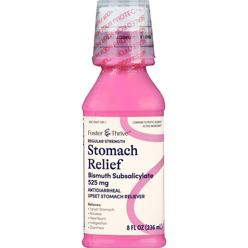 Foster & Thrive Mavesmerter Relief Væske til kvalme, Heartburn, fordøjelsesbesvær, Opsat Mavesmerter, og Diarré - Hurtig Relief for 5 symptomer, Antidiarré, Bismuth Subsalicylate 525 mg, Original, 8 Oz