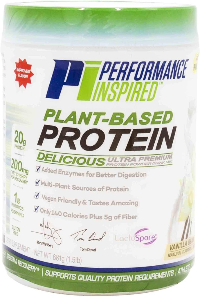 Performance Inspirated Nutrition Plant- Based Protein Powder - All Natural - 20G Protein - 1B Probiotika - fordøjelsesenzymer - Fiber Packed - Gluten Free - Vanilla Bean - 1,5 lb