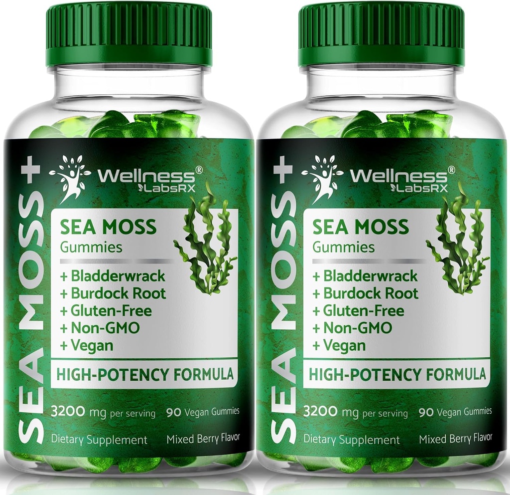 WELLENess LASSRX Sea Moss Gummies, 3200mg Irish Sea Moss blandet berry flavor med maksimal potens Bladderwrack og Burdock Root - understøtter hud, energi og immunitet - 180 Greve