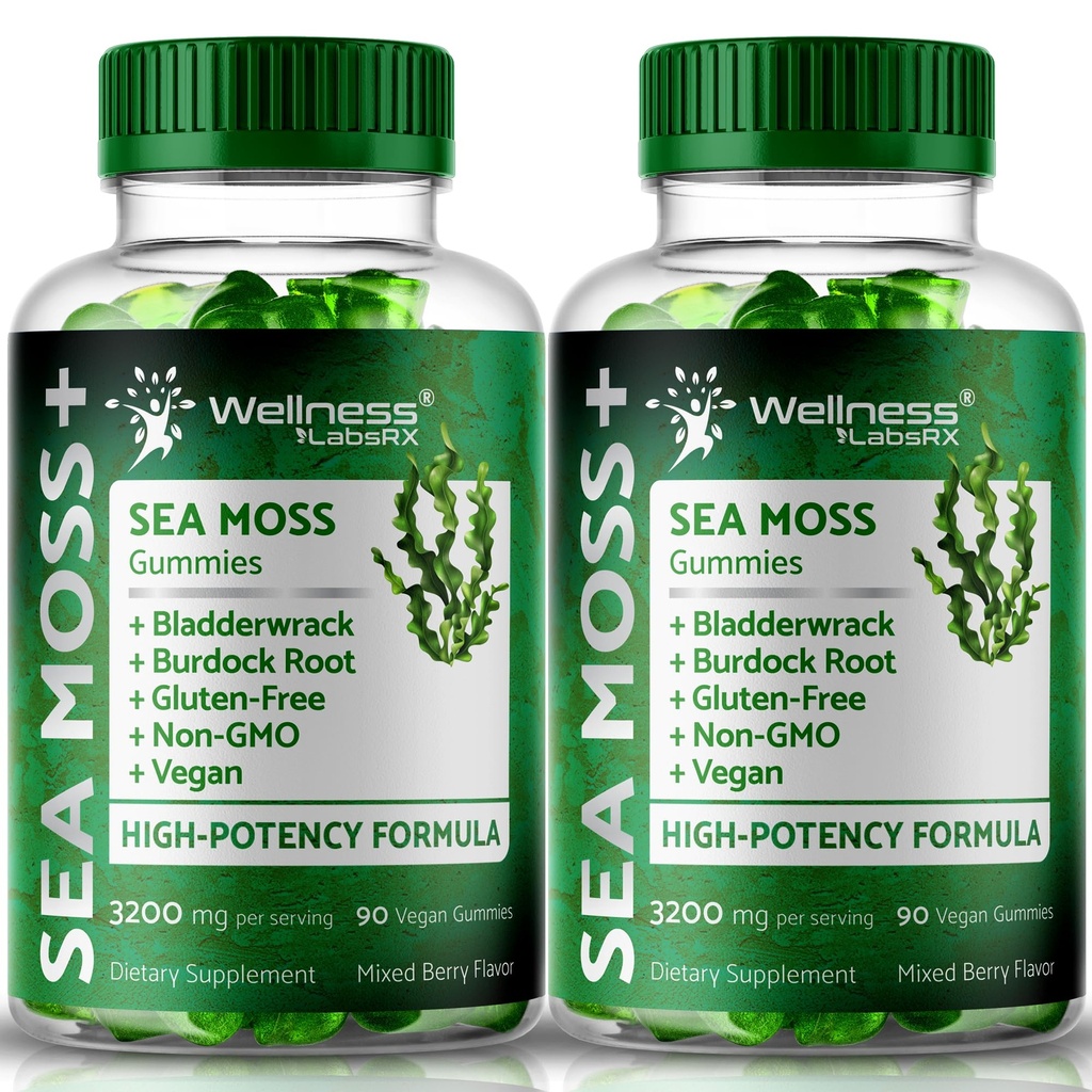 WELLENess LASSRX Sea Moss Gummies, 3200mg Irish Sea Moss blandet berry flavor med maksimal potens Bladderwrack og Burdock Root - understøtter hud, energi og immunitet - 180 Greve