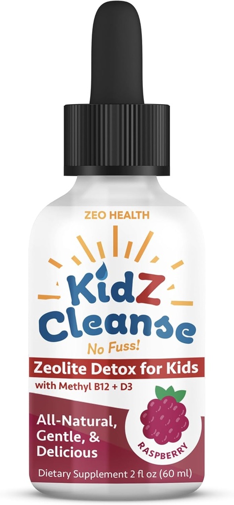 Kidz Cleanse Budd124; Zeolite Detox for børn Budding124; Udvikling, Opførsel, Energi og Gut Health Support Supplement Budding124; Let at tage, Pure Flydende Zeolite Drops + Methyl B12 + D3 (Raspberry Flavor) - 2oz