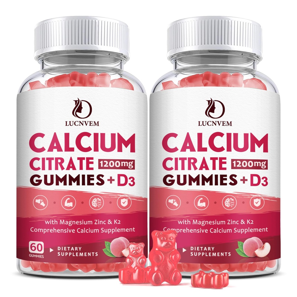 (2 Pack) Calcium Citrate 1200mg med vitamin D3 Kosttilskud Gummies for kvinder & mænd, Calcium Gummies med vitamin D3 K2, Høj Absorption for ben muskel Healthy- Peach Flavor - 60 dages forsyning
