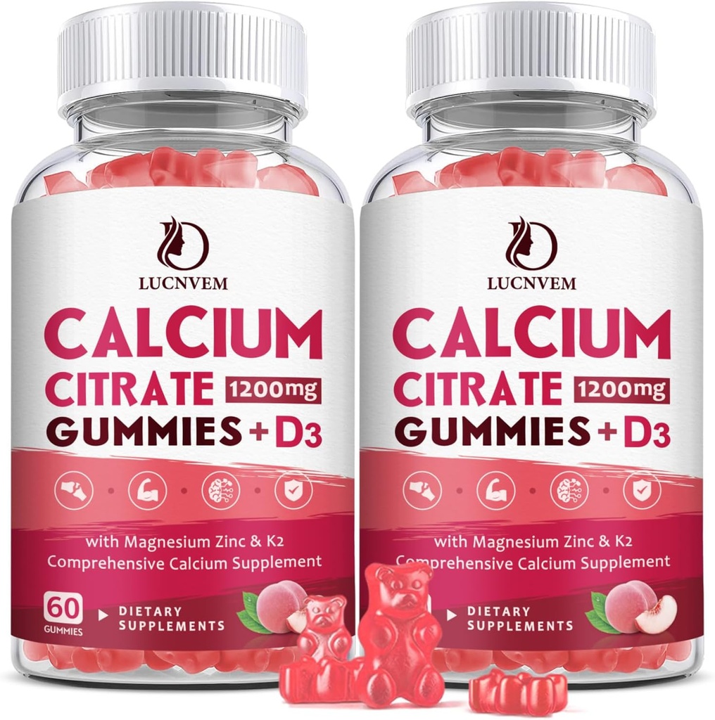 (2 Pack) Calcium Citrate 1200mg med vitamin D3 Kosttilskud Gummies for kvinder & mænd, Calcium Gummies med vitamin D3 K2, Høj Absorption for ben muskel Healthy- Peach Flavor - 60 dages forsyning