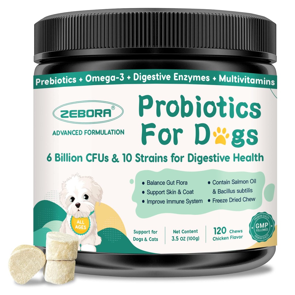 Probiotika til hunde fordøjelsessygdomme, hunde probiotika og fordøjelsesenzymer, Prebiotika, Omega-3 & 6 og vitamin til hunde, 6 Millioner CFU 'er til Gut sundhed og immunforsvar, 120 Chews