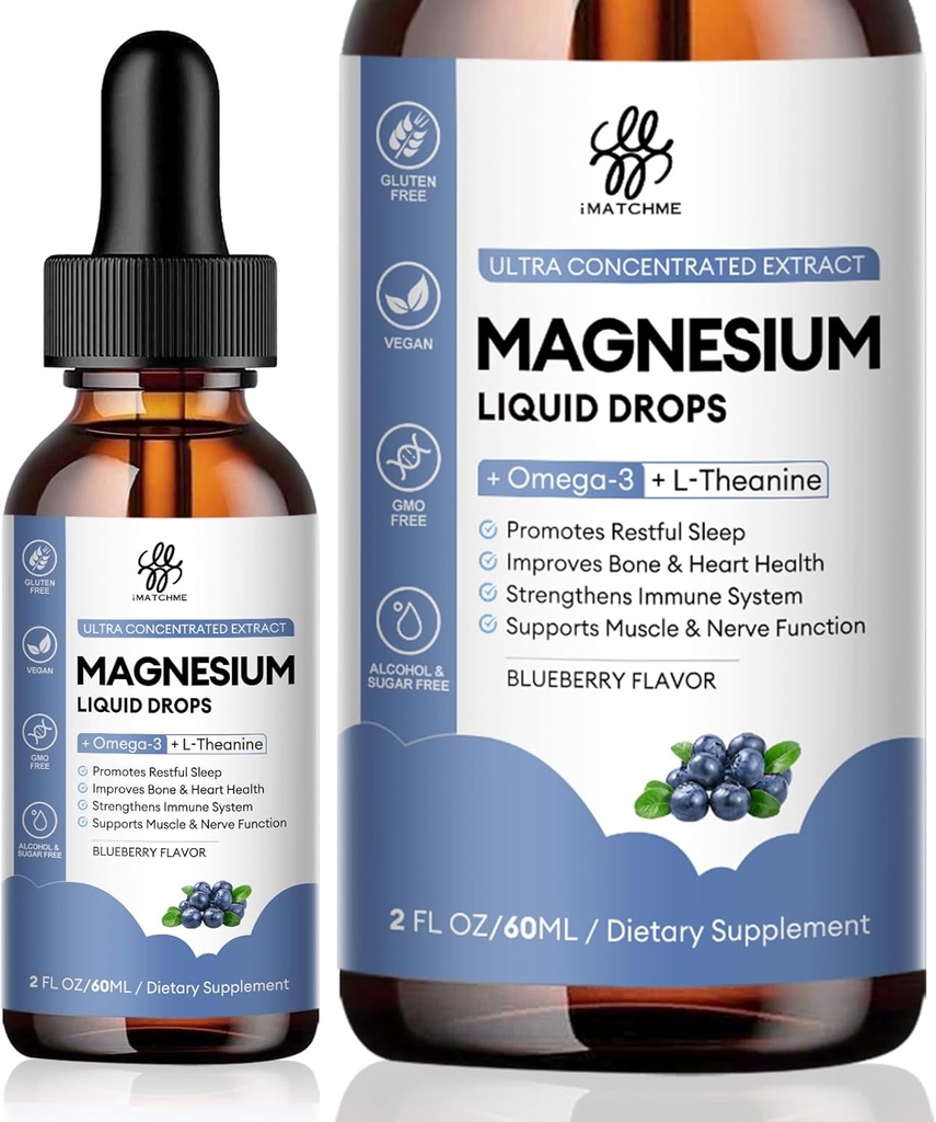 Magnesium Glycinate Liquid, Magnesium Complex supplement med Omega3, L- Theanin og Vitamin til rolig, dvalestøtte, Muskellindring, Non GMO, Blueberry Flavor, 2 Fl Oz