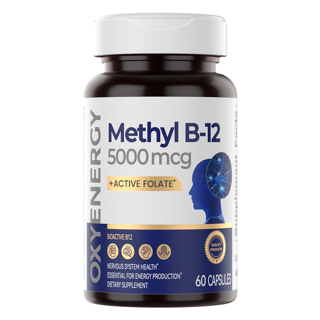 OxyEnergy Methyl Vitamin B12 5000mcg, Extra Strength Methylcobalamin B- 12 Kosttilskud med folat, Support Nerves, Energy Metabolisme & Cognitive, 60 Kapsler