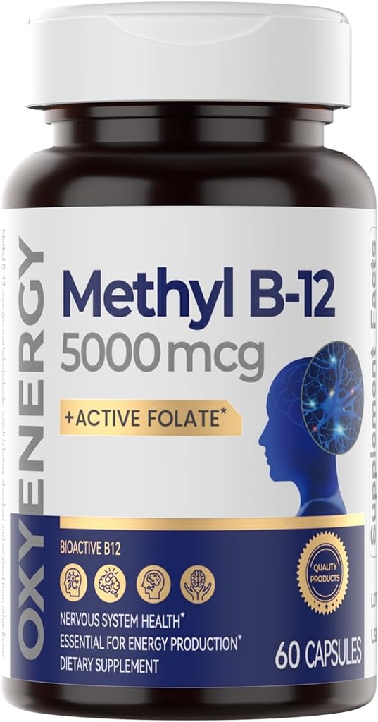 OxyEnergy Methyl Vitamin B12 5000mcg, Extra Strength Methylcobalamin B- 12 Kosttilskud med folat, Support Nerves, Energy Metabolisme & Cognitive, 60 Kapsler