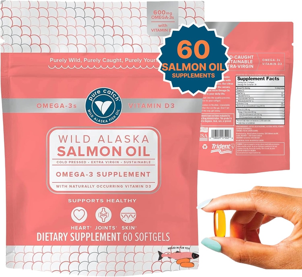 Trident Seafoods Pure Catch Wild Alaskan Fish Oil for Women + Vitamin D3 - Omega-3 Salmon Fish Oil Supplement - EPA and DHA - 60 Count Daily Citrus Soft Gel - Joint Support, Skin, and Heart Health