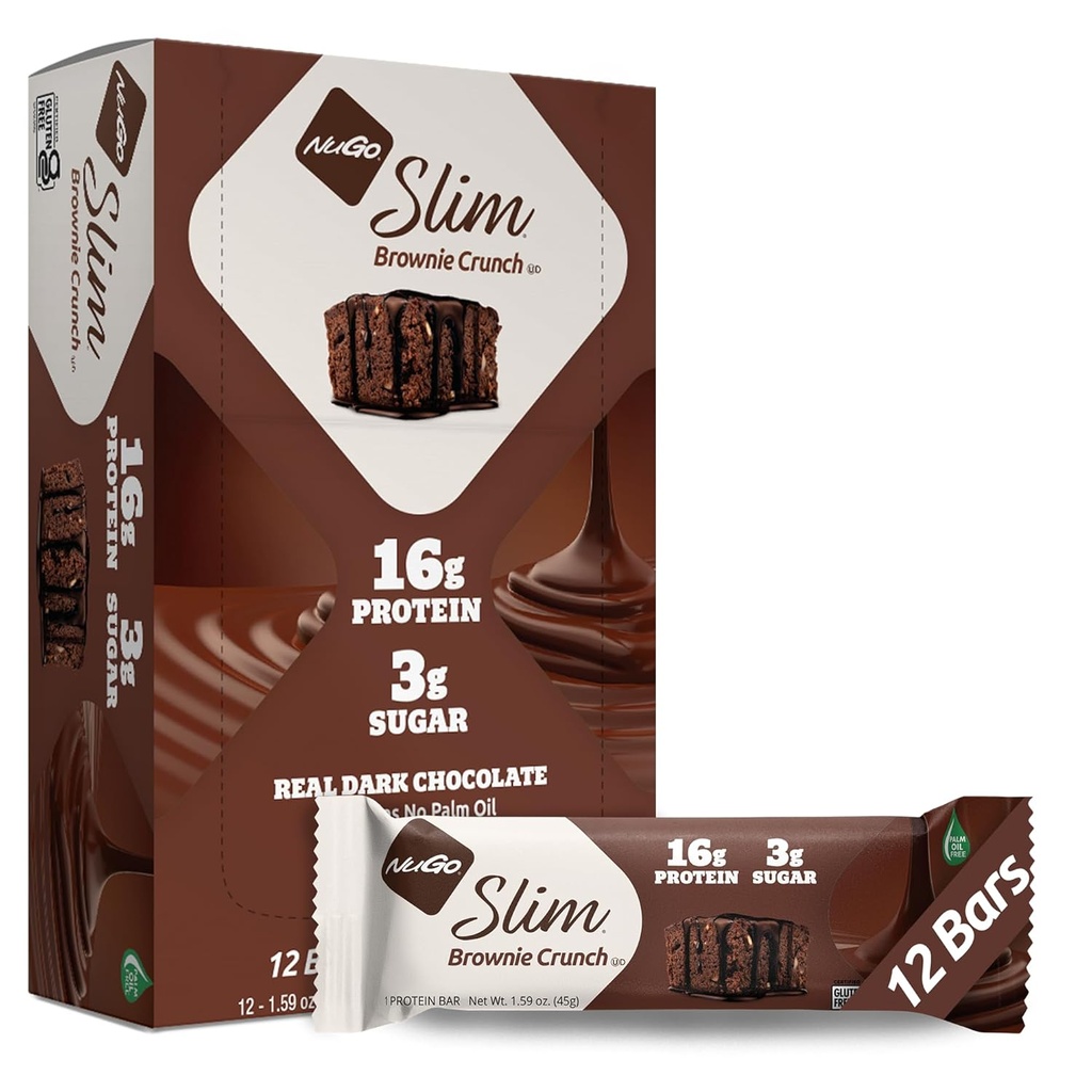 NuGo Slim Dark Chocolate Brownie Crunch, 16g Protein Bar, Gluten Free, Non- GMO, Kosher, Keto Friendly, Low Carb, 12 Greve