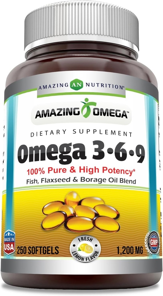 Amazing Omega 3.6.9 Supplements124; 1200 Mg- 124; Lemon Flavor • 124; Unique Formel of Flaxseed Oil, Borage Oil, Fedtsyrlingvand • 124; Non- GMO • 124; Gluten- Free • 124; Made in USA (1 Pack • 124; 250 Softgels)