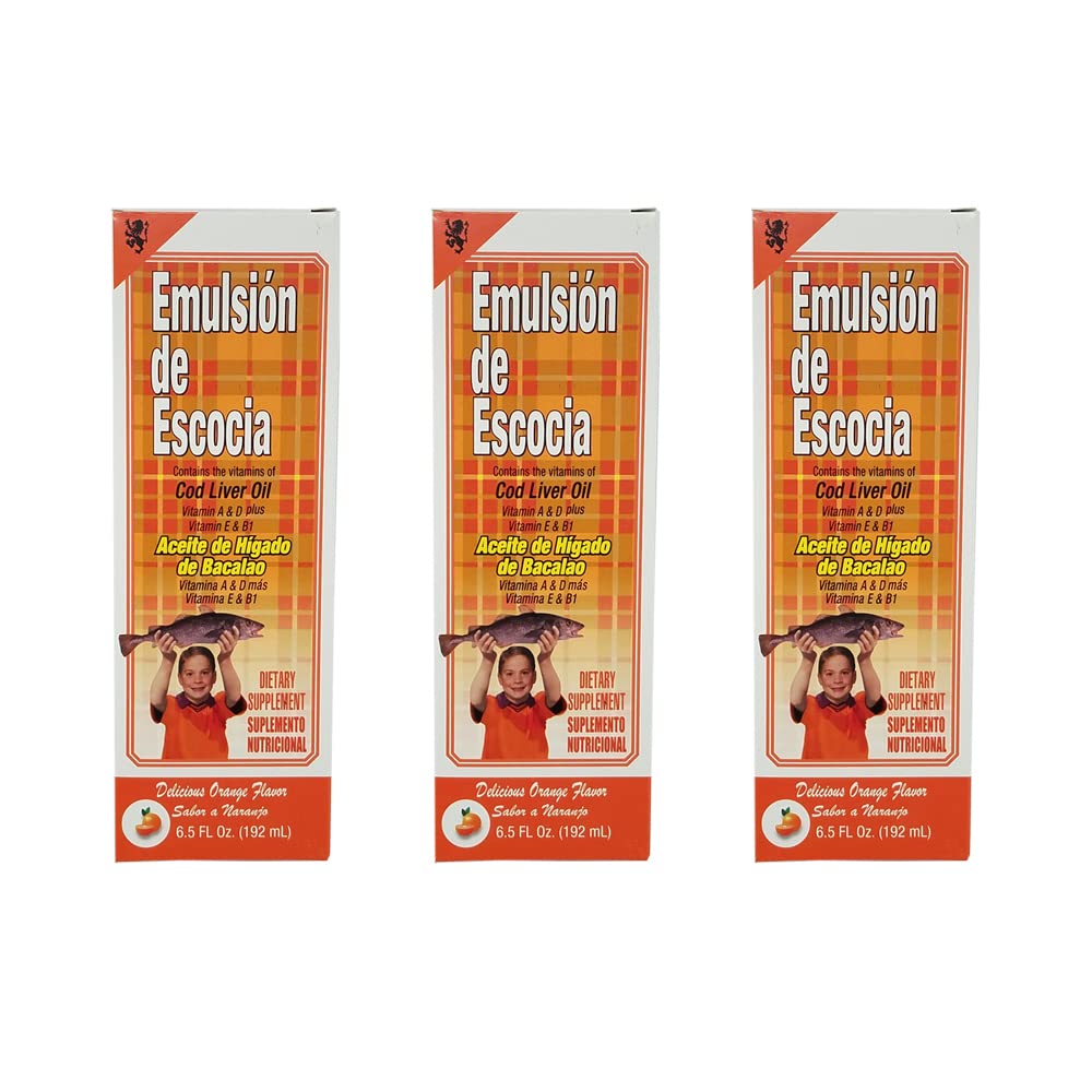 Emulsion de Escocia. Torsk lever olie kosttilskud. Rig på vitaminer A, D, E og B1. Orange smag. 6. 5 Fl.Oz / 192 mL. Pakning med 3