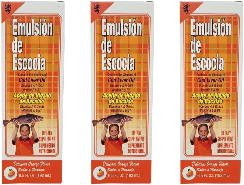 Emulsion de Escocia. Torsk lever olie kosttilskud. Rig på vitaminer A, D, E og B1. Orange smag. 6. 5 Fl.Oz / 192 mL. Pakning med 3