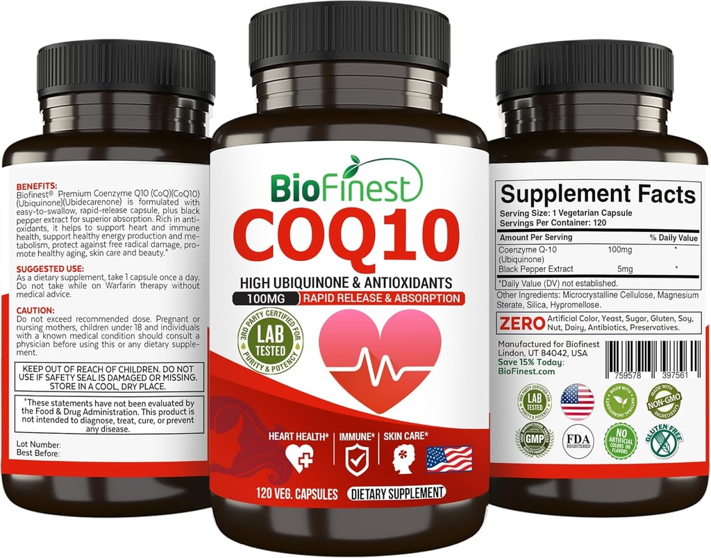 BioFinest CoQ10 Coenzym Q10 100mg tillæg - hurtig frigivelse Hurtig Absorption - immun Heart Energy Antioxidant (120caps)