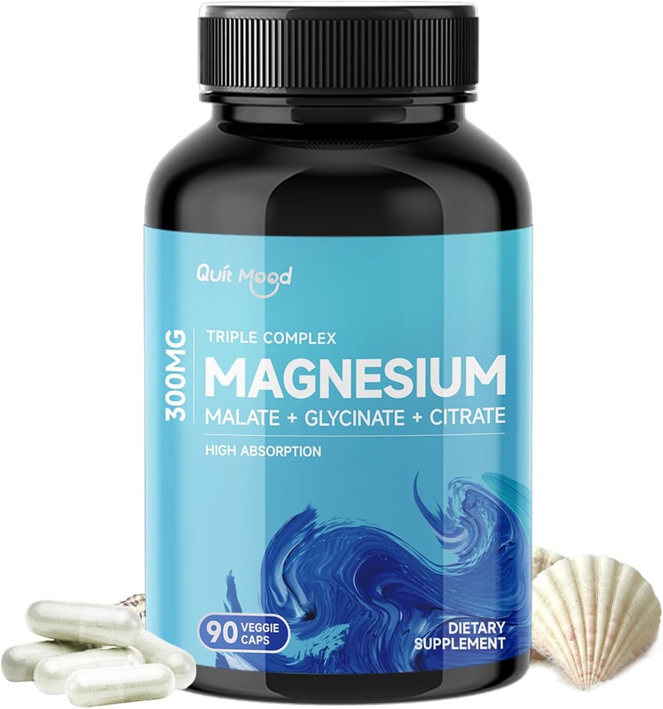 Quitmood Triple Magnesium Complex 124; 300mg Magnesium Glycinat, Malat, & Citrate for Muscles, Nerves, & Energy; Høj Absorption; 124; Vegan, Non- GMO; 124; 90 Kapsler