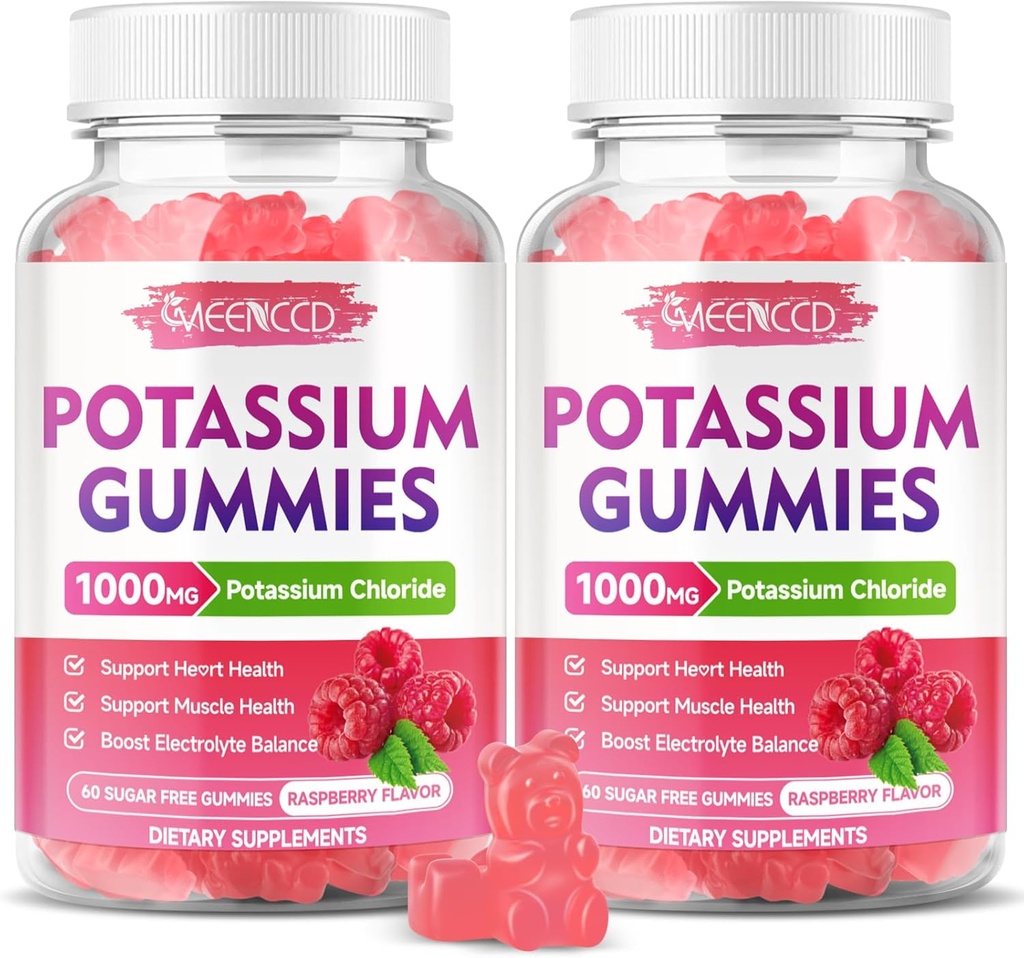 2 Pack Kalium Gummies, Kalium Chlorid 1000mg for voksne, Sugar- Free Kalium Supplement Gummies Support Electrolyte Balance & Ben kramper for kvinder & mænd, Raspberry Flavor, 120 Greve
