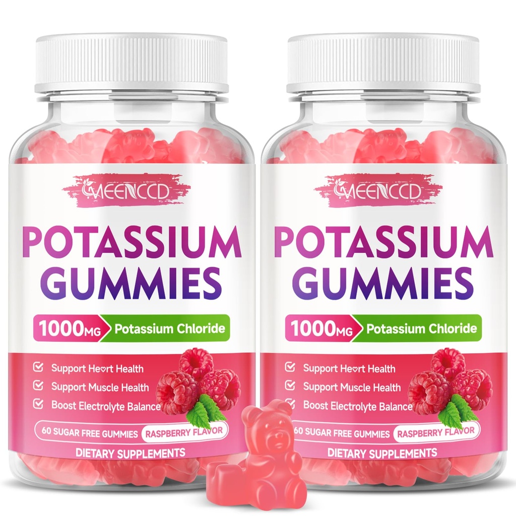 2 Pack Kalium Gummies, Kalium Chlorid 1000mg for voksne, Sugar- Free Kalium Supplement Gummies Support Electrolyte Balance & Ben kramper for kvinder & mænd, Raspberry Flavor, 120 Greve