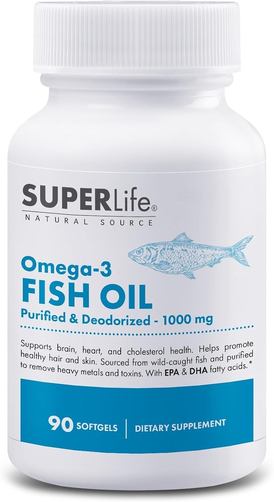 Omega-3 Fish Oil - 1000 mg Renset & deodorized from Wild Caught Fish with EPA & DHA Fed Acids against 124; Understøtter hjerte, hjerne, hår og hud sundhed