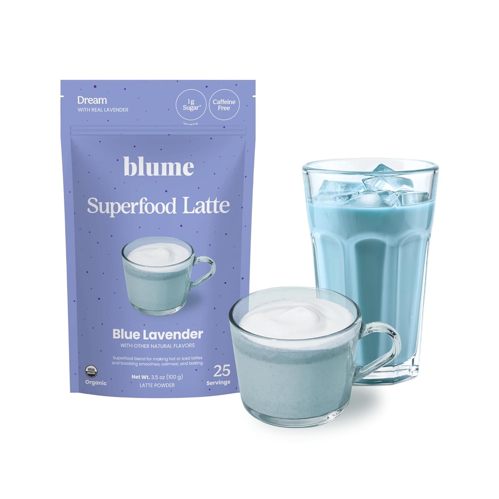 Blume Superfoods Latte - Blå Lavendel pulver med blå Spirulina og kokosmælk, koffein fri, Low- sukker, Økologisk, Keto Friendly, Vegan, understøtter søvn og ro, Lavendel Latte- 25 Servering