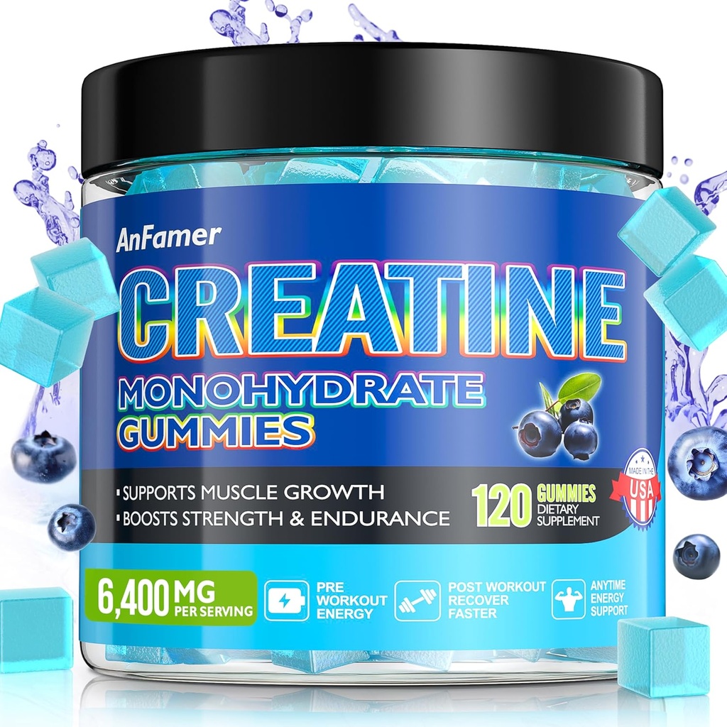 Kreatin monohydrat gummier til mænd og kvinder, øge styrke og opbygge muskler, energi & booty Gain, Preworkout supplement, Sukker fri, Vegan, Chewables Blueberry Flavor-120 Greve
