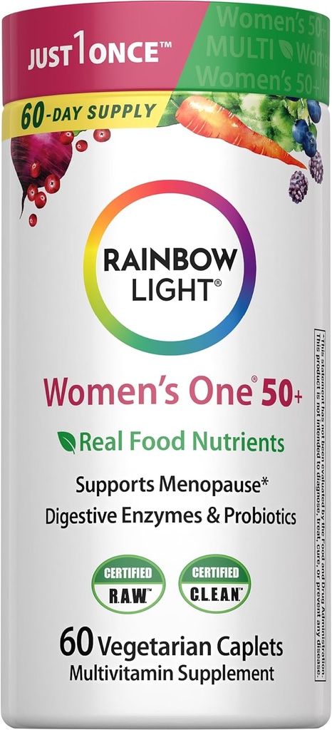 Rainbow Light Multivitamin til kvinder 50 +, C-vitamin, D & Zink, Probiotika, Kvinder en 50 + Multivitamin giver høj potens immunforsvar, non-GMO, vegetar, 60 tabletter