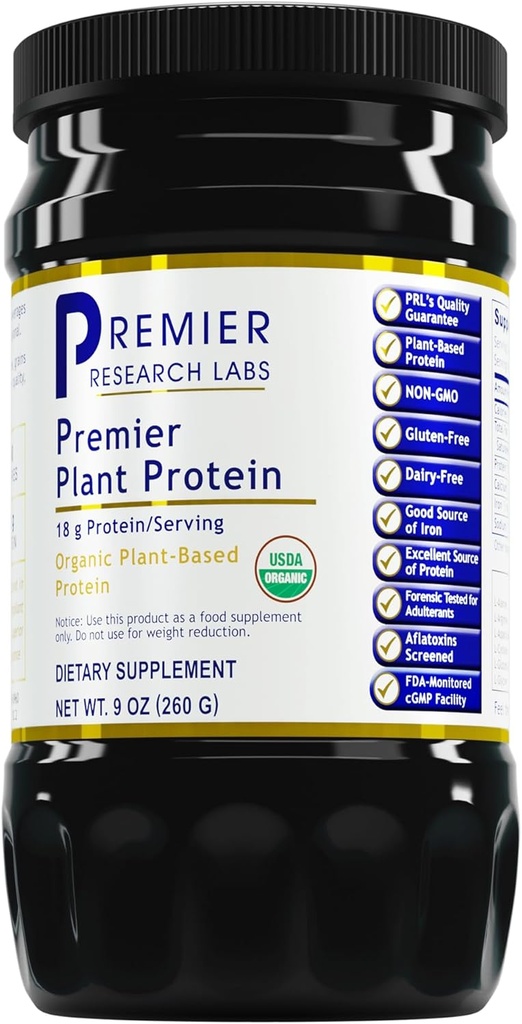 Premier Research Labs Plant Protein - Vegansk Plantebaseret Pea Protein Powder, Økologisk, Dairy Free, Gluten Free, Ingen Kunstige Arter, Vegetar, Indeholder Græskar og ris Protein - 9 Oz