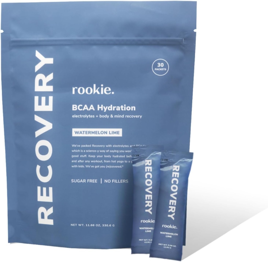 Rookie Wellness Recovery BCAA - Elektrolyte og BCAA pulver med 5 g forgrenet kæde Aminosyrer til muskel inddrivelse, Elektrolyter til hydrering, & kun 10 kalorier (30 Servere, Watermelon Lime)