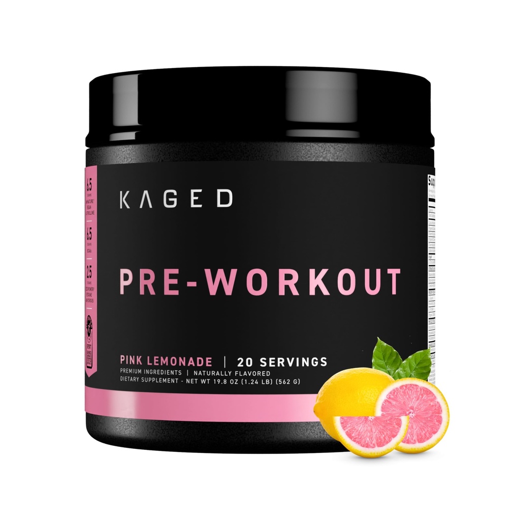 Kaged Original Pre Workout Pulver • 124; Pink Lemonade • 124; Pre-Workout med Creatin, Beta Alanine, L- Citrullin, BCAAs • 124; 274 mg Organic Coffein • 124; Pre-Supplements for Mænd & Kvinder • 124; 20 Servering
