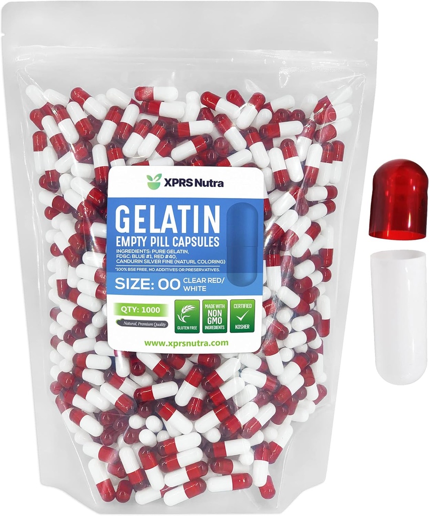XPRS Nutra Størrelse 00 Tomme kapsler - 1000 Tomme Gelatine kapsler - Piller gør det selv Kapsel Fyldning - Fyldbar Pil Gel Caps til Do- It- Yourself Kosttilskud (Clear Red / White)