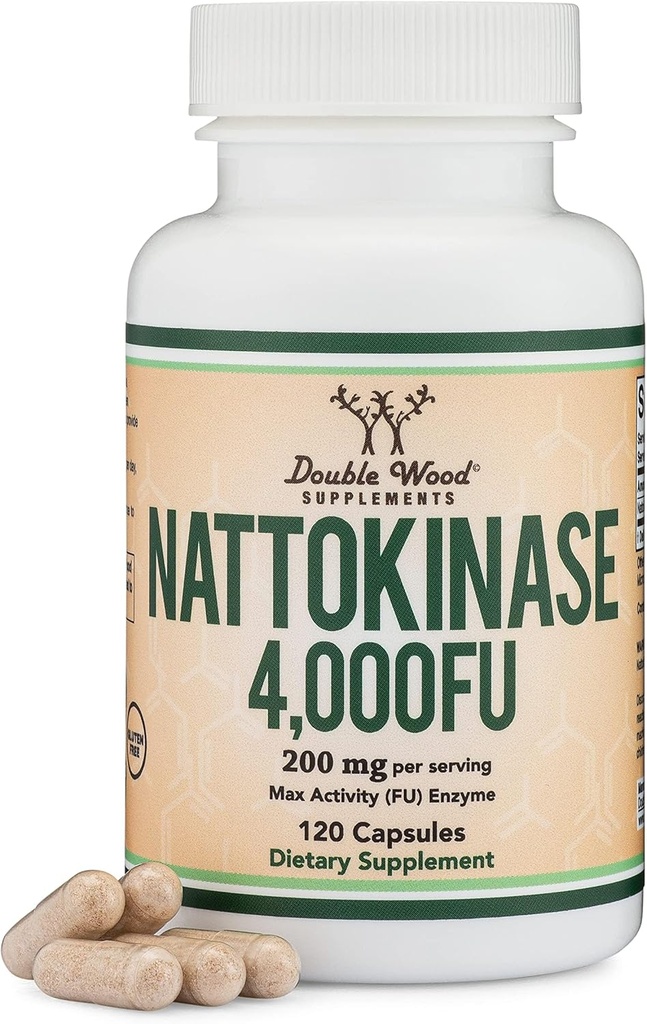 Nattokinase Supplement 4.000 FU Serveringer, 120 kapsler (afledt fra japansk Natto) Systemiske enzymer til kardiovaskulær og kredsløbsstøtte med dobbelt træ