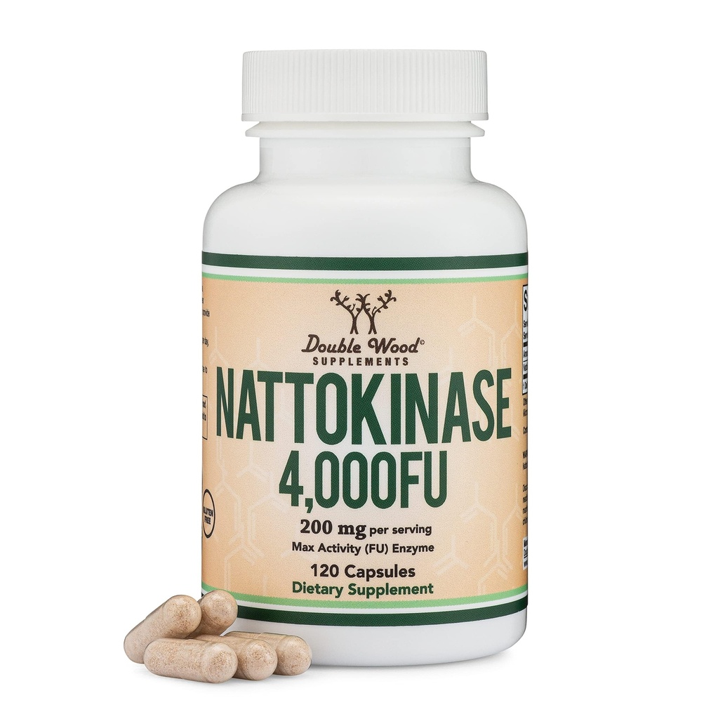 Nattokinase Supplement 4.000 FU Serveringer, 120 kapsler (afledt fra japansk Natto) Systemiske enzymer til kardiovaskulær og kredsløbsstøtte med dobbelt træ