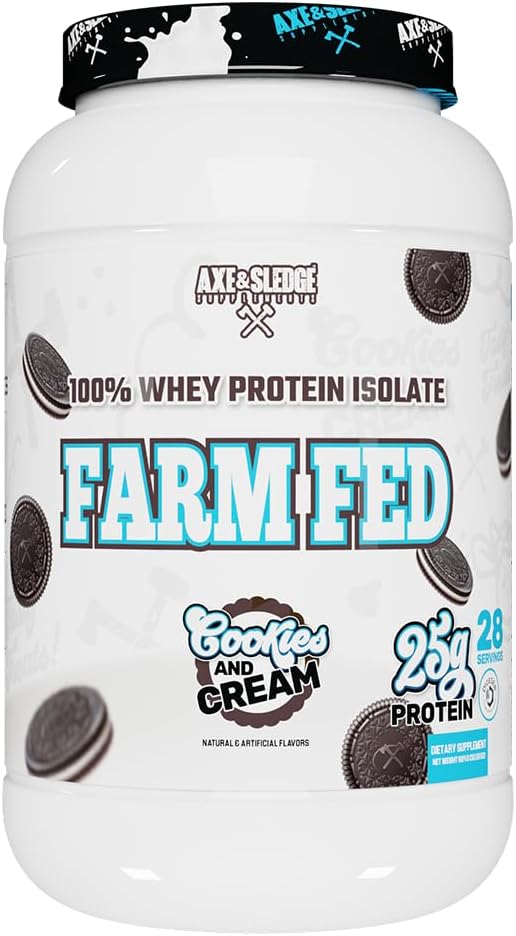 Axe & Sledge Farm Fed 100% Whey Protein Isolate Medical 124; 25g Protein Medical 124; Lav Carb, Lavsukker, Gluten Free Medical 124; Protein Powder for mænd og kvinder Medical 124; Keto Medical 124; Made in The USA Medical 124; 28 Servering, Cookies og Cream