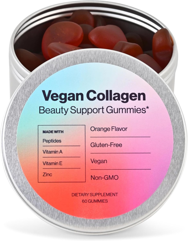 Vegansk skønhed Support Gummies Collagen Booster med biotin, C-vitamin, A, E, folsyre, og mere - 60 Gummies - Plastic-Free Tin - Lavet med naturlige ingredienser