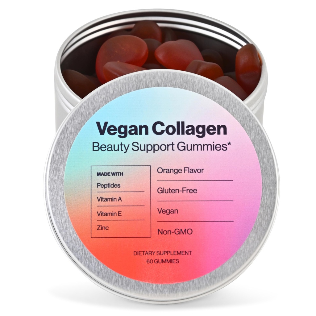 Vegansk skønhed Support Gummies Collagen Booster med biotin, C-vitamin, A, E, folsyre, og mere - 60 Gummies - Plastic-Free Tin - Lavet med naturlige ingredienser