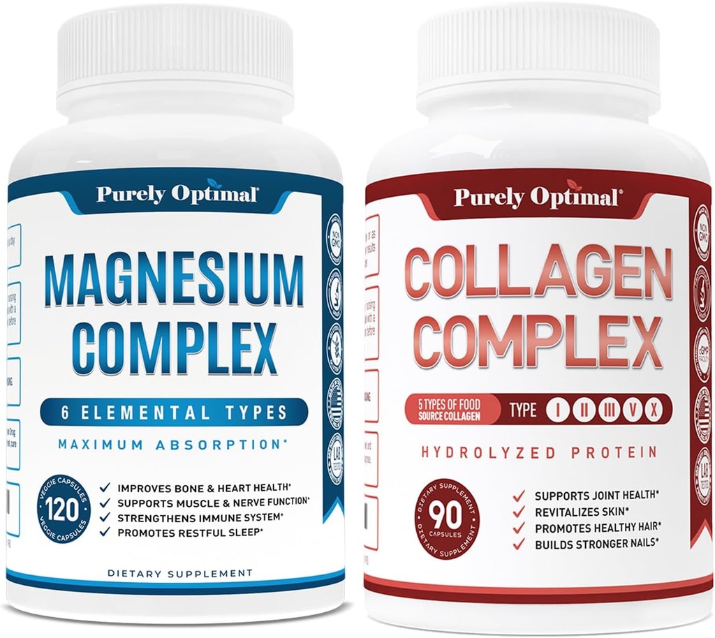 Rent Optimal Premium Magnesium Complex - Magnesium Citrate, Malat, Muskelrelaxation - 120 caps + Rent Optimal Premium Multi Collagen Peptider kapsler (type I, II, III, V, X)